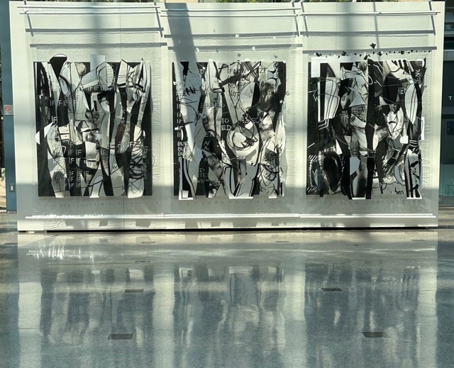if becomes when, Relief Wall Sculpture, triptych, acrylic paint, archival ink, paper collage and marker drawing on canvas and 2 ply vinyl, 65 x 183 inches, 2023