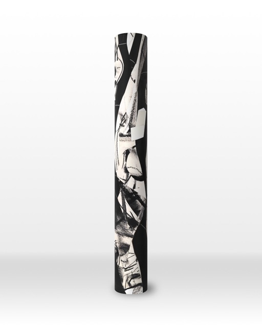 Every Last Thing, Standing Floor Sculpture, archival ink and paper collage on cardboard Sono tube, 96 x 12 inches diameter, 2023
