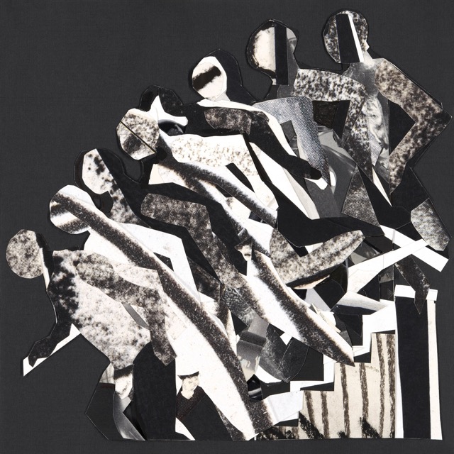 Dude Descending Staircase, paper collage study, acrylic paint, marker drawing and archival ink on canvas, 48 x 48 inches, 2023
