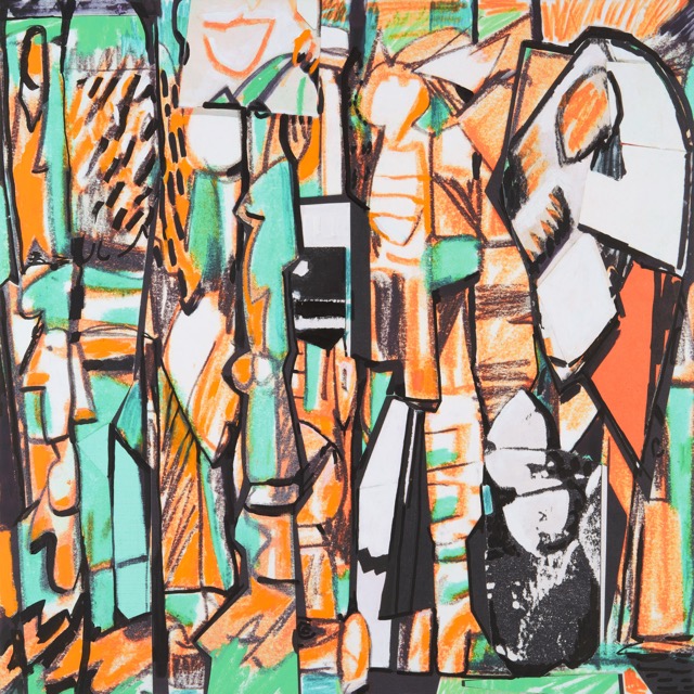 Bathers (Wreck Beach), paper collage study, acrylic paint, archival ink and marker drawing on canvas, 48 x 48 inches, 2023
