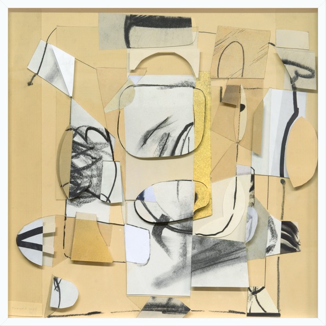 Full Moon, paper collage and charcoal, conte and pencil drawing on multiples of plexiglass, 31 x 31 inches framed, 2023