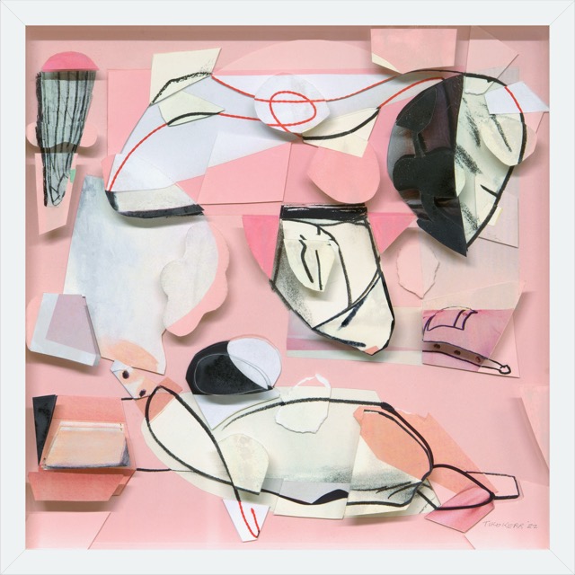 Guston Cha Cha II, paper collage, conte and drawing on muliples of plexiglass, 17 x 17 inches framed, 2023