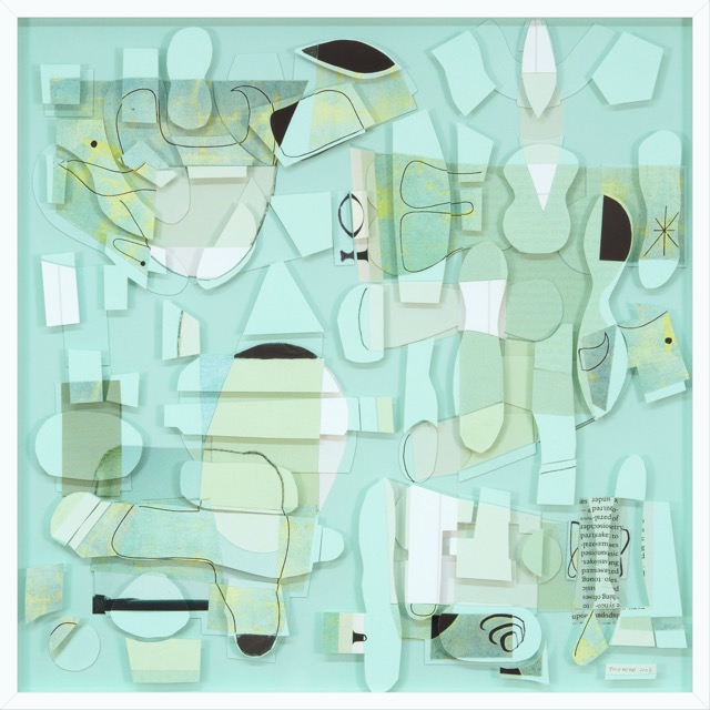 Summer Samba, paper collage and pencil drawing on multiples of plexiglass, 31 x 31 inches framed, 2023