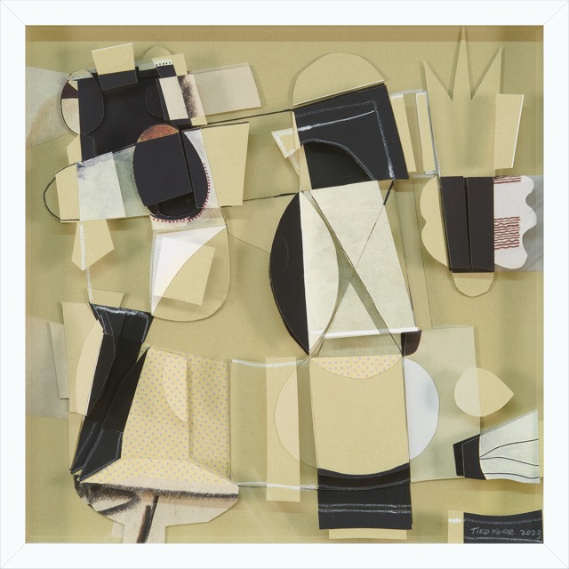 Sweet Dreams II, paper collage and pencil drawing on multiples of plexiglass, 17 x 17 inches framed, 2023