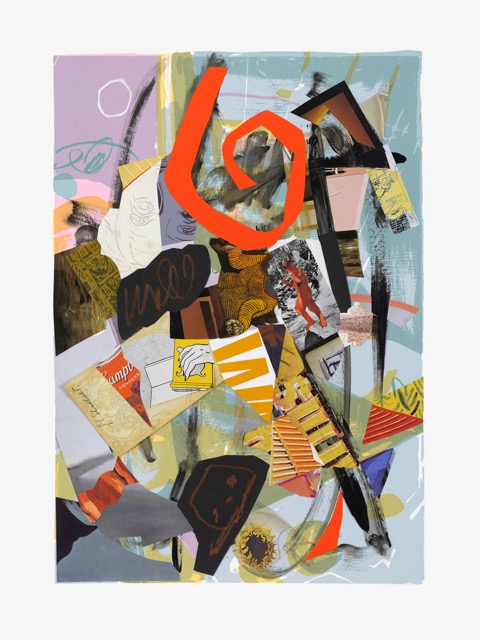Une Semaine de Bont&eacute; Suite #6 (samedi/Saturday), acrylic paint, paper collage and pencil drawing on serigraph, 34 x 27.5 inches framed, 2019 